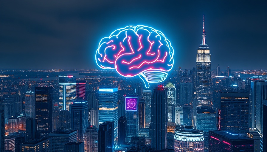 Futuristic skyline with AI brain highlighting AI in work in 2025.