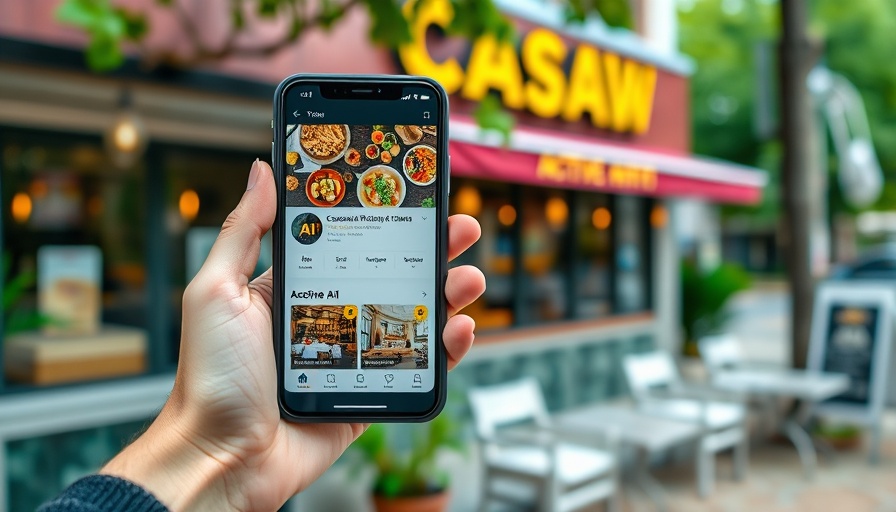 Smartphone AI app displaying restaurant info, outdoor setting.