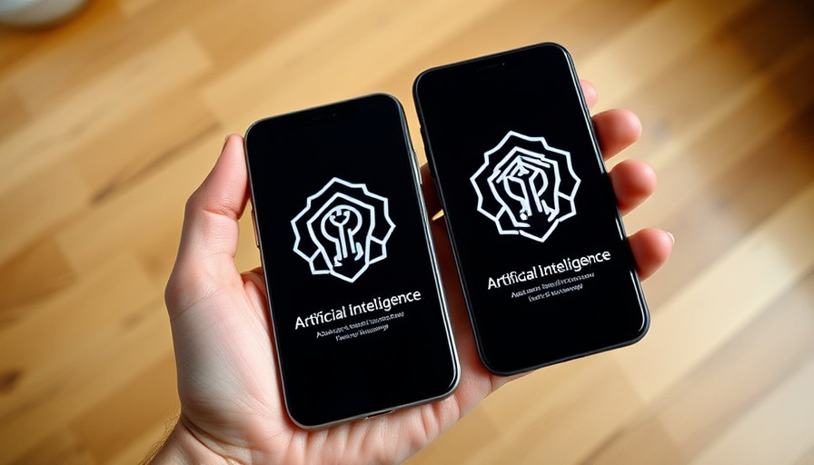 Dual smartphones displaying AI logos on wooden floor background.