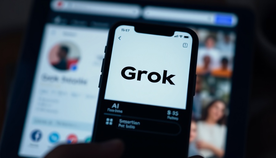 Grok AI logo on smartphone with social media profile in background.