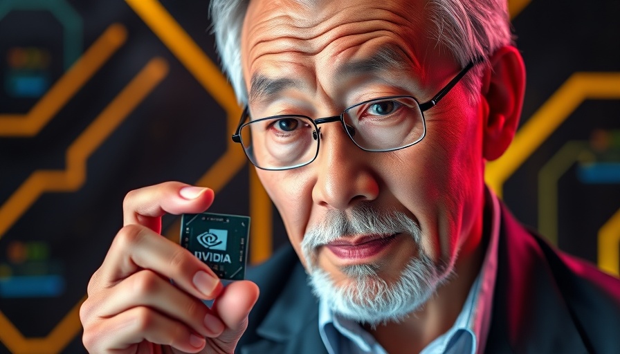 Elderly man holding Nvidia AI chip in high-tech setting.