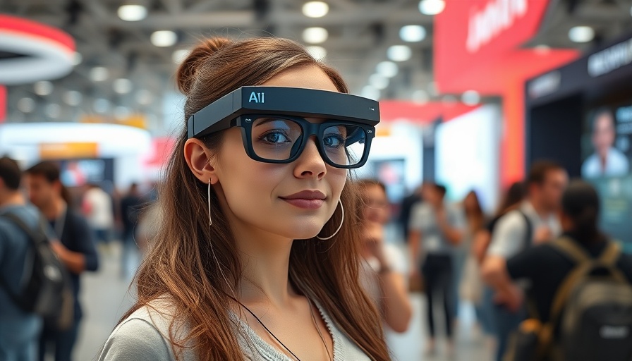 Confident young woman with AI glasses at tech expo.