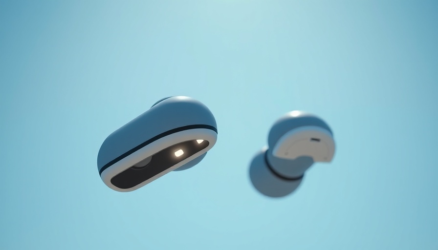 Sleek AI earbuds floating in a bright sky, futuristic design.