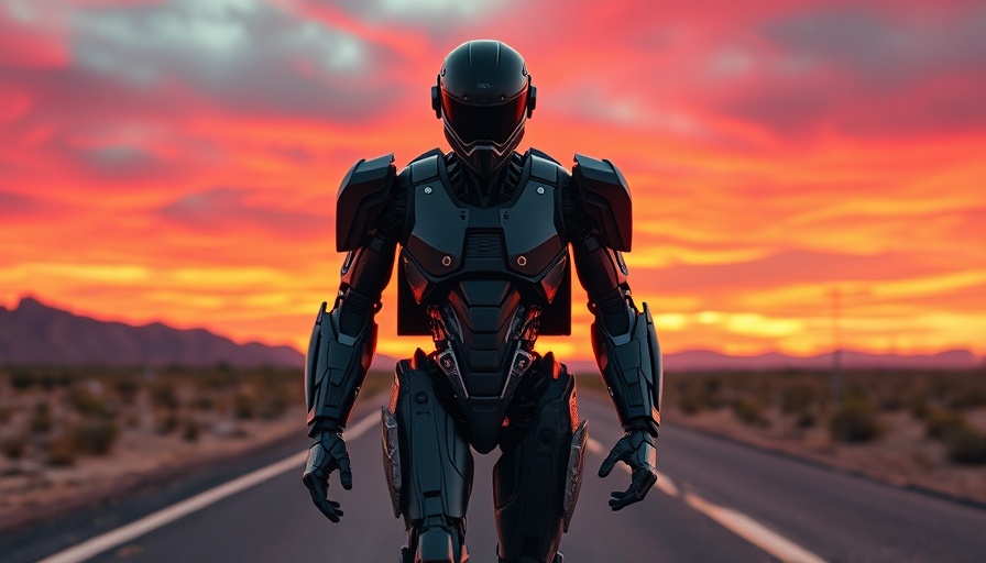 Futuristic robot on a desert road at sunset, AI modernization