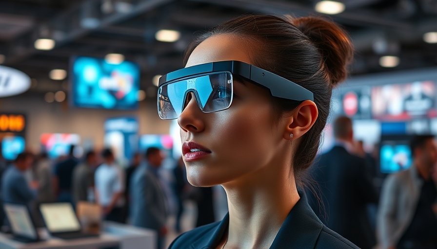 Woman wearing AI smart glasses at tech exhibit.