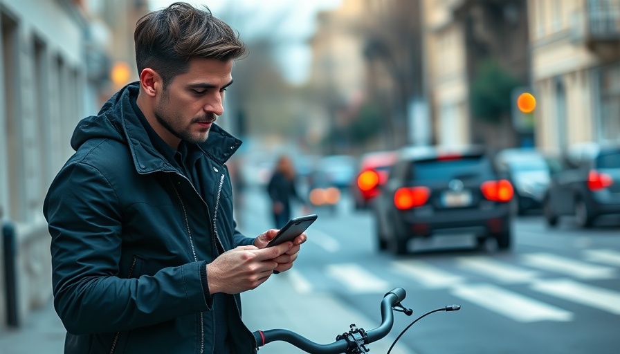 Modern man with phone and bicycle guided by green digital AI footprints.