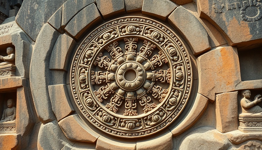 Ancient Buddhist Wheel of Life carving with mythological figures.