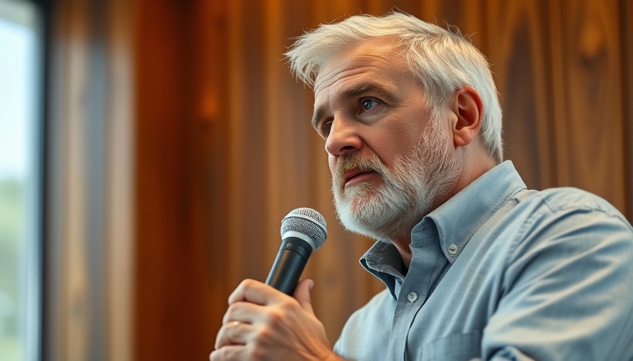 Middle-aged man discussing AI agents with microphone, warm indoor setting.