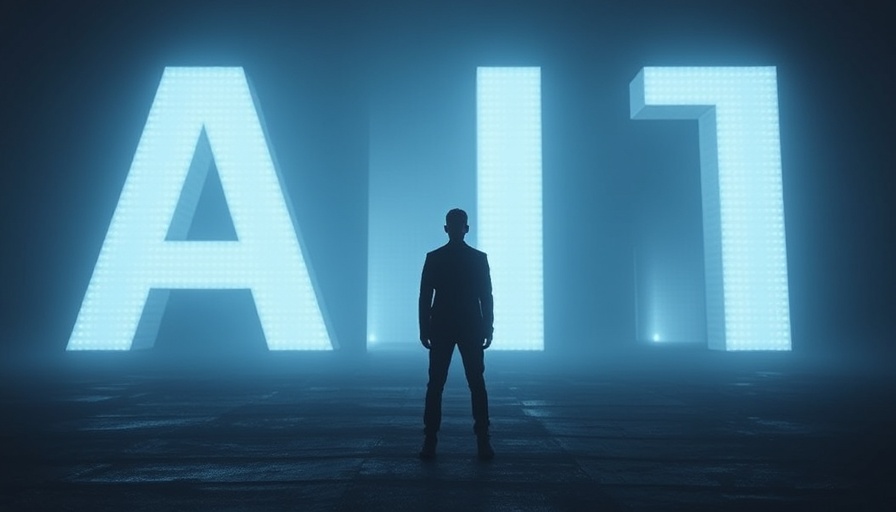 A lone figure stands before illuminated AI letters, symbolizing AI adoption.