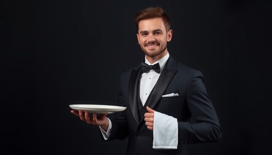 Elegant waiter with white towel, formal attire against dark background.