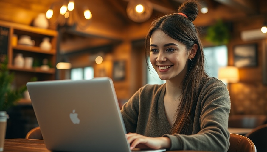 Woman using laptop in a warm-lit cafe.