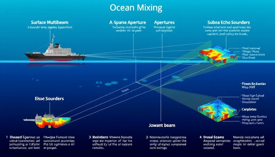 Ocean mapping technology diagram with echo sounders, illustrating advanced mapping resolutions.