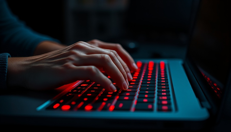 Hands typing on keyboard with red glow, suggesting fake North Korean IT workers.