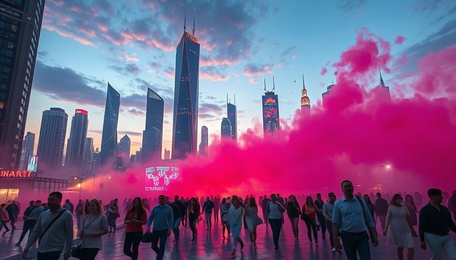 Radiological safety concept in a futuristic cityscape with aerosol dispersion.