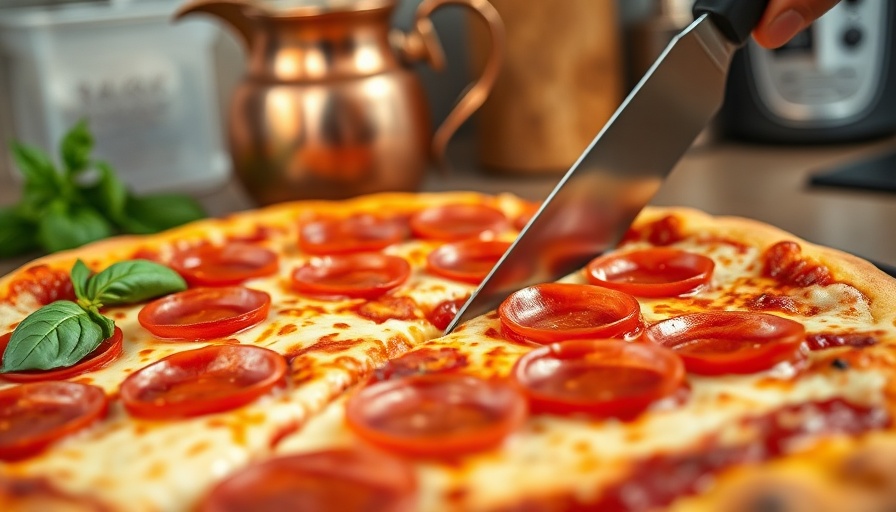 Close-up of pepperoni pizza being sliced in a kitchen.