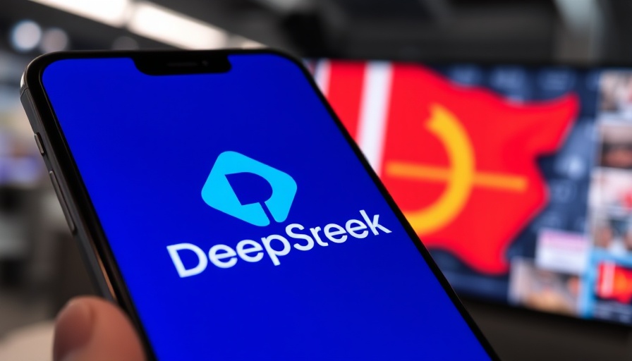 DeepSeek AI logo on smartphone with flag in background