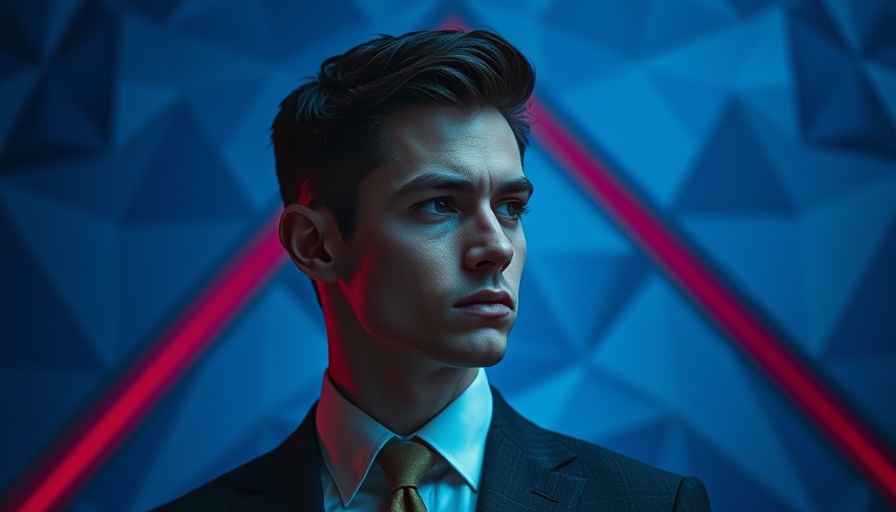 OpenAI-themed image of a serious man in a suit with geometric background.