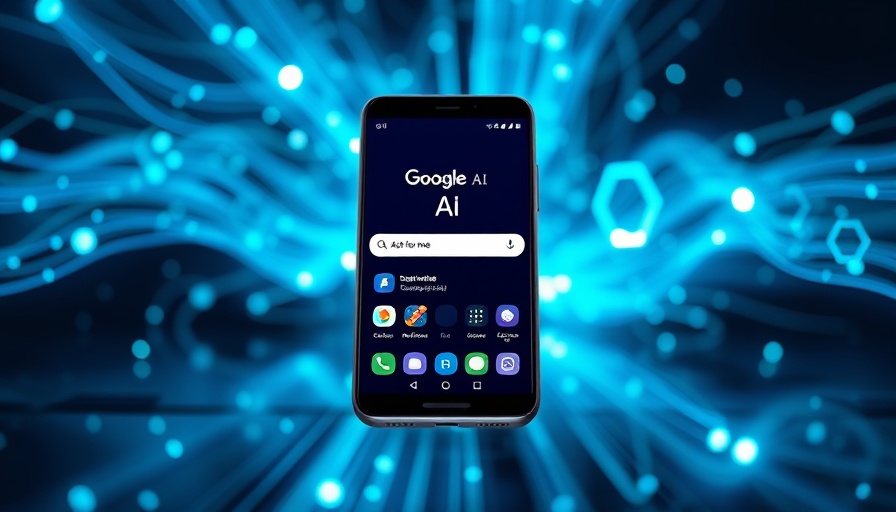 Smartphone with Google AI Tool display on abstract background.