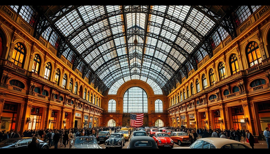 Grand exhibition hall with vintage cars at AI Action Summit.