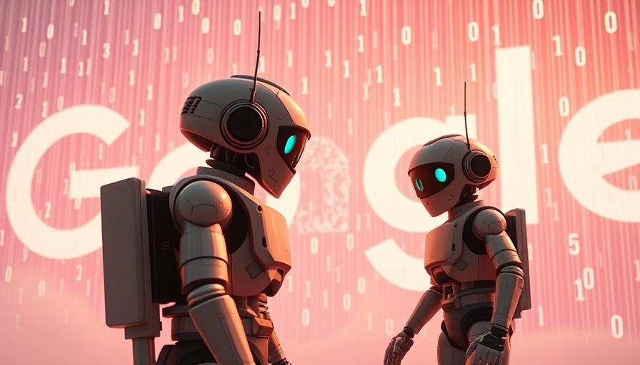 Futuristic retro robots with Google logo and AI Searches backdrop.