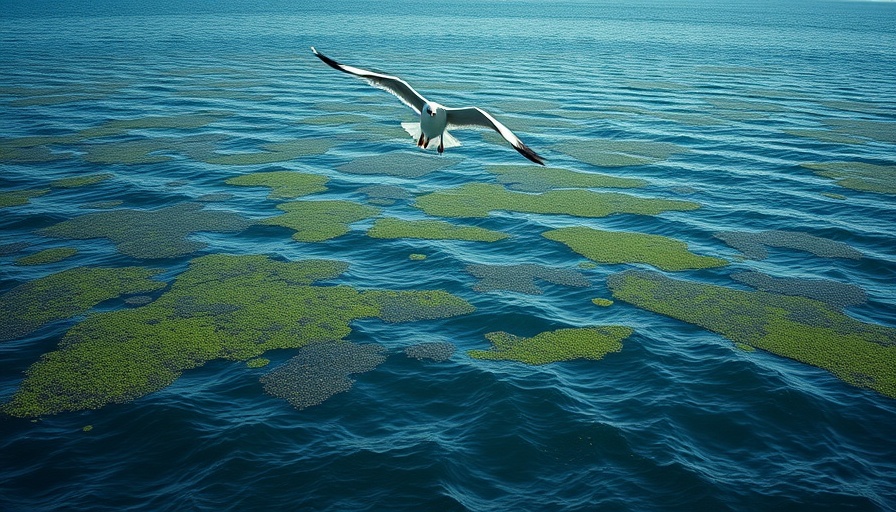 Harmful algal blooms in a vast sea with a bird flying above.