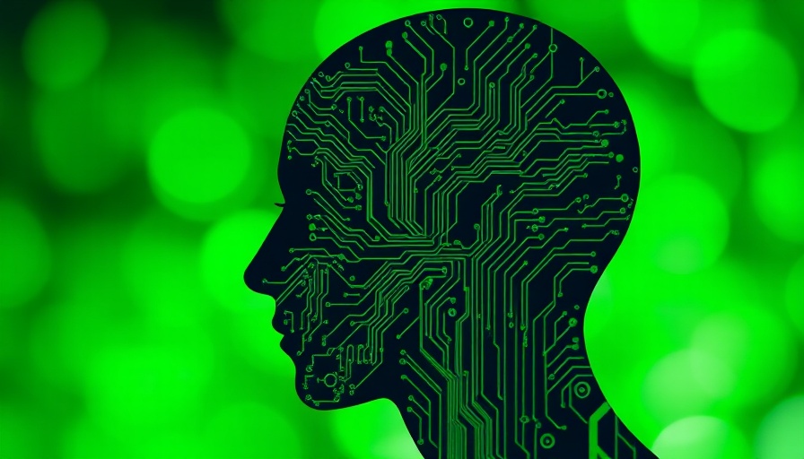 Futuristic circuit board human profile on green bokeh background.