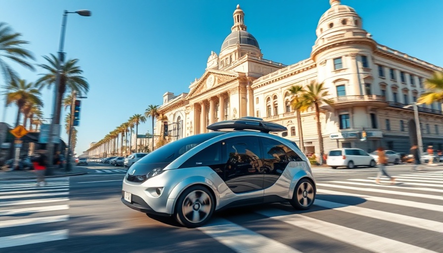 Autonomous vehicle crossing busy pedestrian area in city.