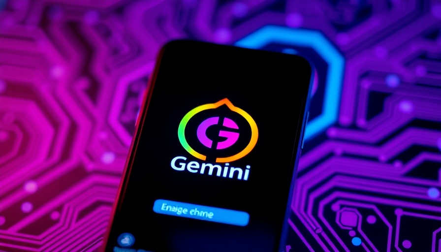 Smartphone showing Gemini AI tools logo with tech background.