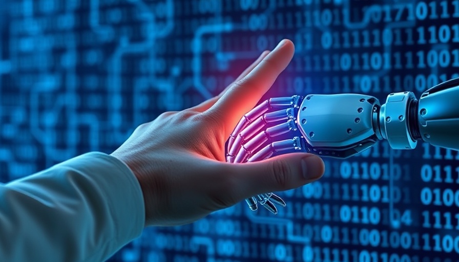 Human and robotic hands connecting in a digital interface with binary code background.