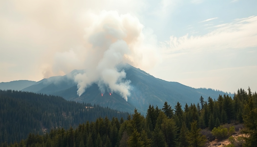 Distant wildfire on a forested mountain with smoke rising.