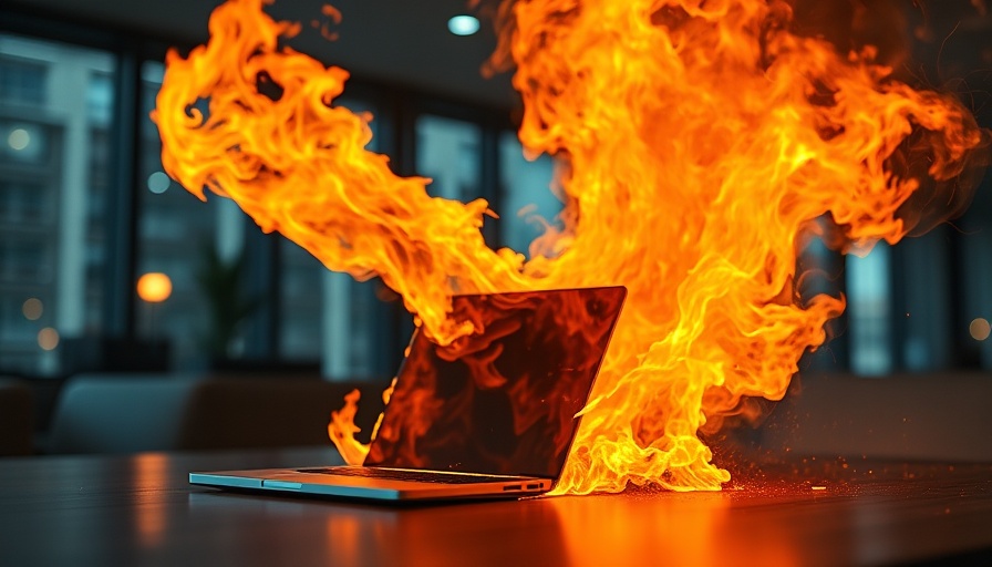 Laptop on fire highlighting the importance of flame retardants.