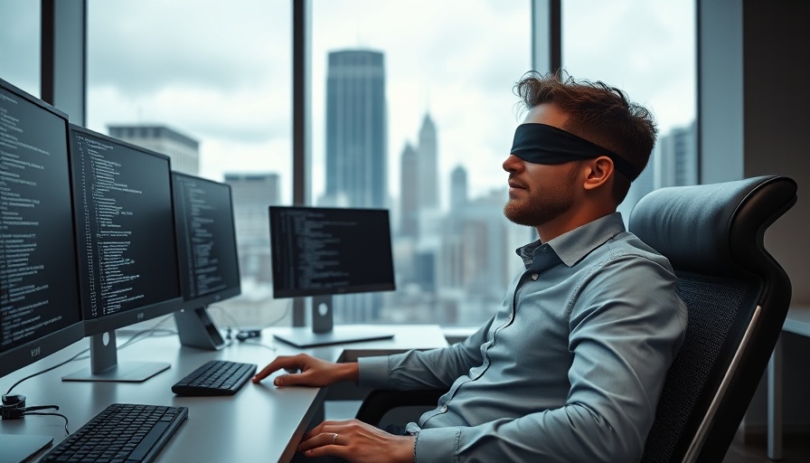 AI Takeover scene with man resting in office and coding monitors.