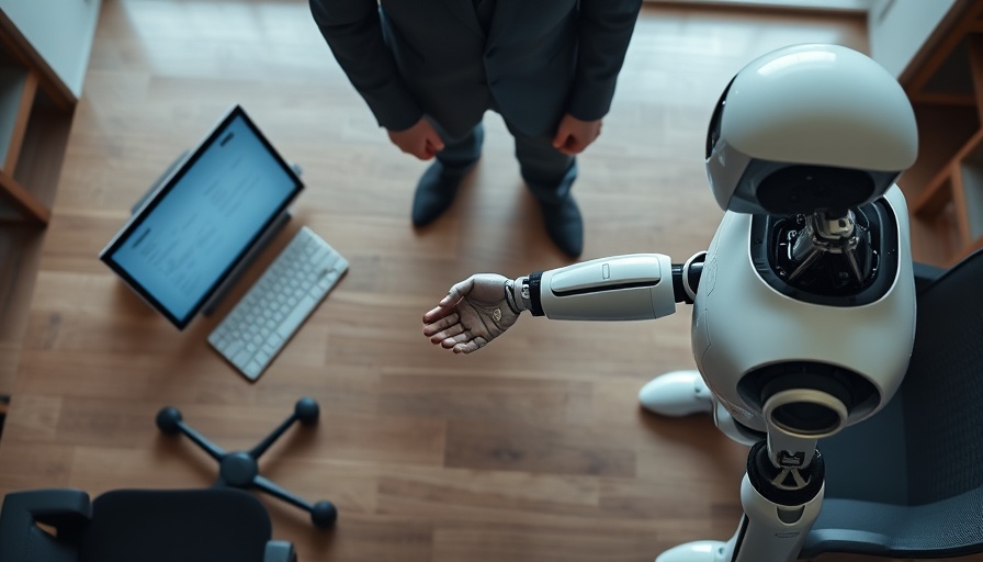 Man and robot handshake in modern office, content marketing ethics.