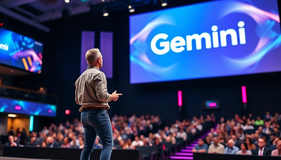 Man presenting Google Gemini at tech conference with large screen.