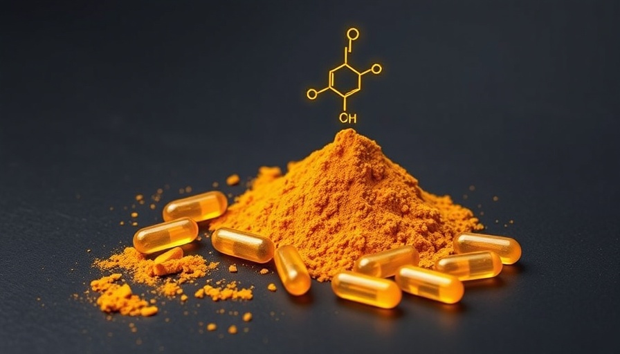 Vibrant turmeric powder and capsules with curcumin structure.