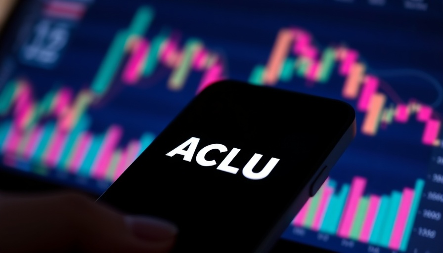 Smartphone with ACLU logo against a colorful financial chart, illustrating DOGE Data Privacy.