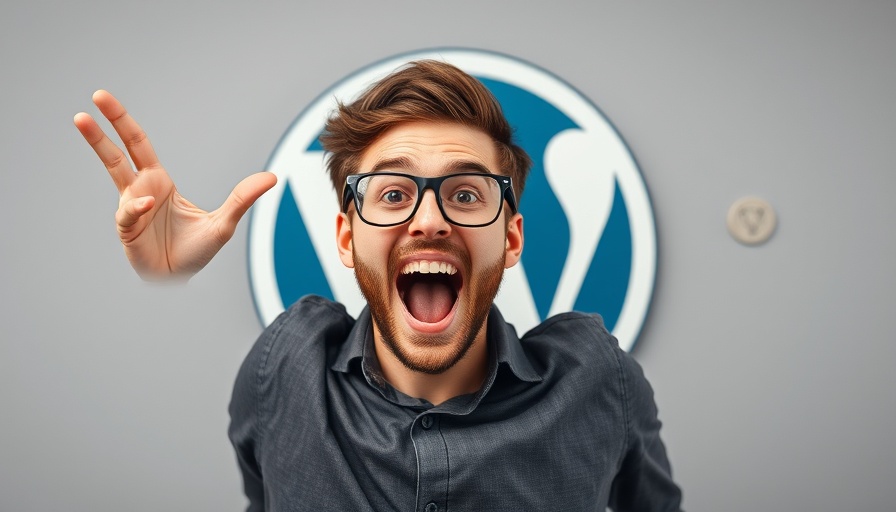 Energetic man expressing enthusiasm with WordPress logo.