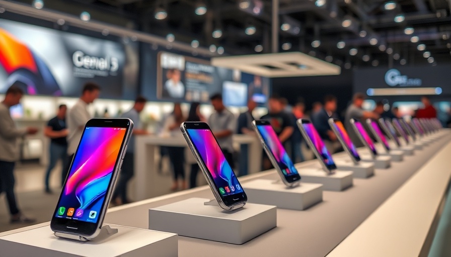 Colorful display of smartphones in showroom, vibrant lighting.