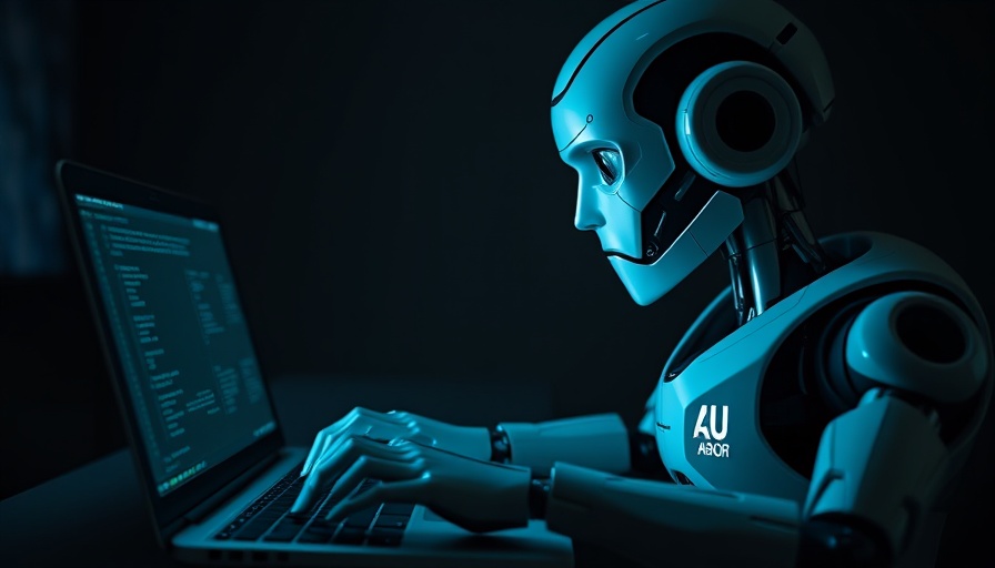 Agentic AI robot working on laptop with dim green lighting.