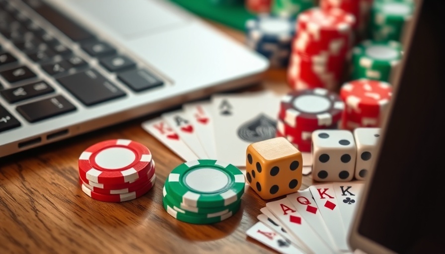 Poker chips, cards, and dice beside a laptop. Google gambling ad policy.