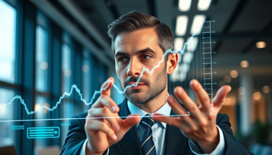 Businessperson using AI in financial markets with holographic chart.