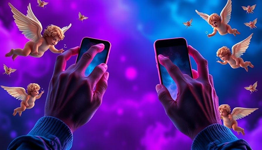 AI Wingman concept art with cherubs and smartphones in vivid lighting.