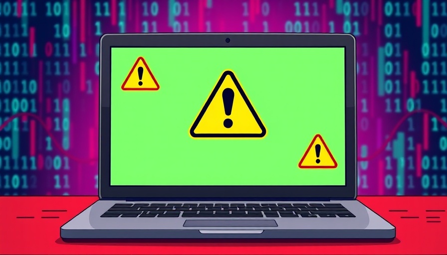 Colorful laptop screen warning symbols on AI security reports background.