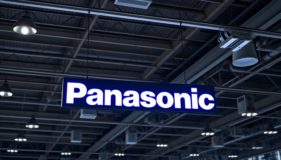 Panasonic sign at tech convention under bright lights.