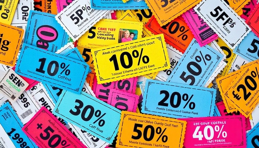 Colorful discount coupons with percentage offers scattered.