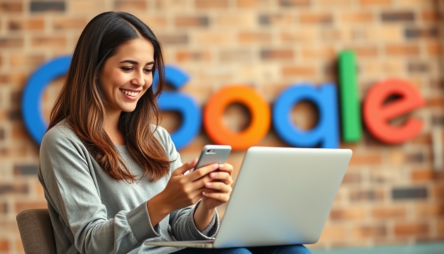 Young woman using smartphone and laptop with Google logo related to Google Business Profile Reviews Outage.