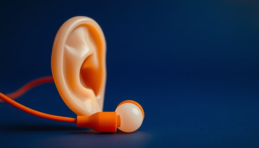 Artistic depiction of ear and earplug on dark blue background symbolizing noise-canceling.