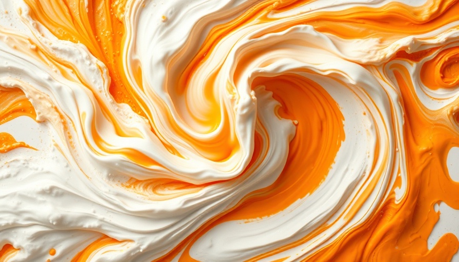 Abstract swirl with vibrant orange and white paint integration.