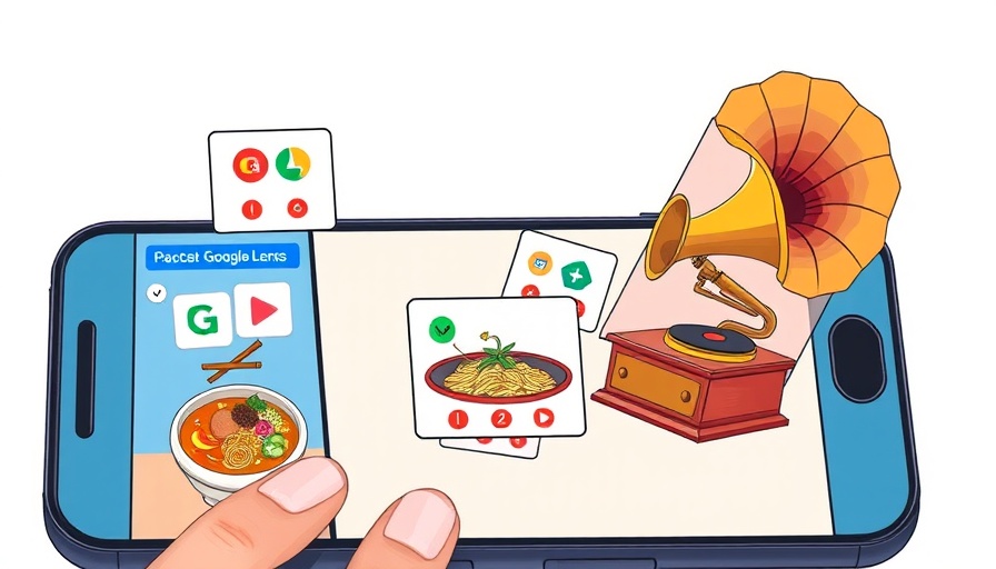 Smartphone interfaces showcasing Google Lens features with colorful illustrations.