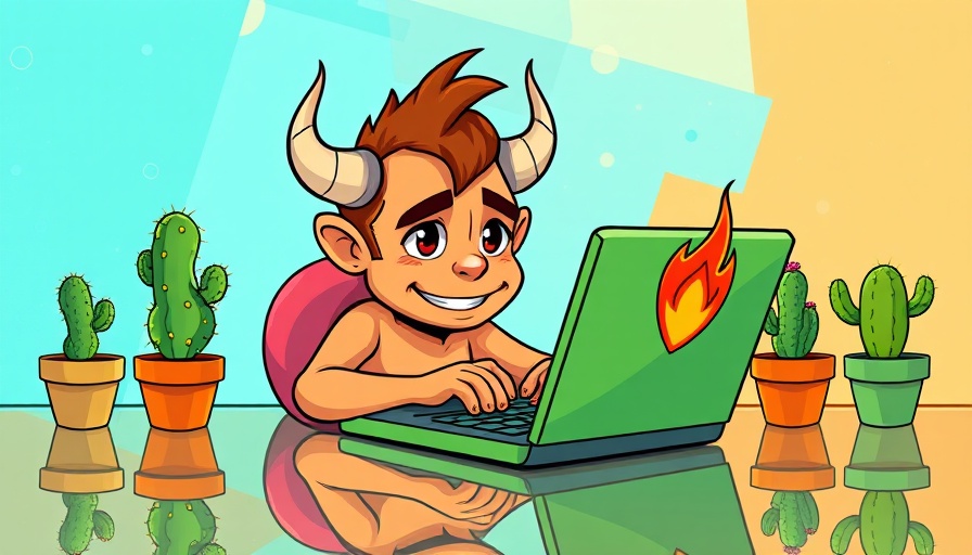 Whimsical character with horns working on laptop, Ethical Generative AI theme